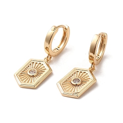 Light Gold Brass Micro Pave Cubic Zirconia Dangle Hoop Earrings, Hexagon, Light Gold, 28x12mm