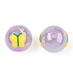 Yellow UV Plating Rainbow Iridescent Acrylic Beads, Hand Drawn Beads, with Enamel, Round with Butterfly, Yellow, 17x16x15.5mm, Hole: 2.8mm