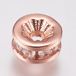 Rose Gold Brass Micro Pave Cubic Zirconia Spacer Beads, Flat Round, Clear, Rose Gold, 6x3mm, Hole: 1.4mm