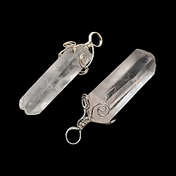Platinum Natural Quartz Crystal Big Pointed Pendants, with Brass Findings, Bullet, Platinum, 49~57x10~13mm, Hole: 5x6mm