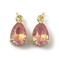 Темный Лосось Подвески из латуни с кубическим цирконием и стеклянным кристаллом, слеза, реальный 18 k позолоченный, стойки покрытие, долговечный, без свинца и без кадмия, с целью перехода в кольце, темный лосось, 14x8x6.5 мм, отверстие : 2 мм