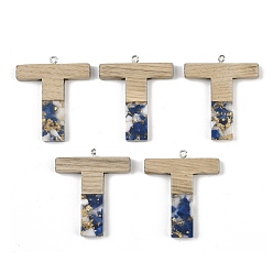 Letter T Кулоны из непрозрачной смолы и дерева, буквы, с платиновой петлей, Письмо T, 37.5~45x11~53x6 мм, отверстие : 2 мм