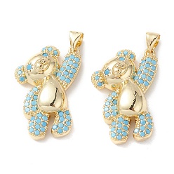 Sky Blue Brass Micro Pave Cubic Zirconia Pendants, Real 16K Gold Plated, Bear Charms, Sky Blue, 26.5x18x7mm, Hole: 5x3mm.