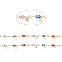 Real 18K Gold Plated Colorful Enamel Evil Eyes & Imitation Pearl Beaded Horse Eye Link Chains, with Brass Star Charms, Soldered, with Spool, Real 18K Gold Plated, 7x4x3mm, 13x5x4mm