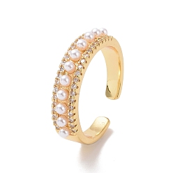Real 18K Gold Plated Clear Cubic Zirconia Open Cuff Ring with Acrylic Pearl Beaded, Brass Jewelry for Women, Cadmium Free & Lead Free, Real 18K Gold Plated, US Size 6 3/4(17.1mm)