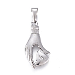 Stainless Steel Color Valentine's Day 304 Stainless Steel Pendants, Hand with Heart & Word Love, Stainless Steel Color, 35x17x5mm, Hole: 3.5x9.5mm