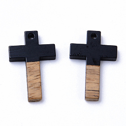 Black Resin & Walnut Wood Pendants, Cross, Black, 26x16x3mm, Hole: 1.8mm