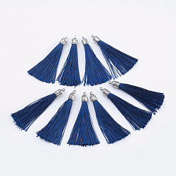 Bleu Marine Nylon pompon grandes décorations pendantes, avec les accessoires en alliage d'argent antique, bleu marine, 55~67x7mm, Trou: 2mm