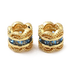Deep Sky Blue Rack Plating Brass Cubic Zirconia European Beads, Large Hole Beads, Long-Lasting Plated, Lead Free & Cadmium Free, Flower Column, Real 18K Gold Plated, Deep Sky Blue, 8x7mm, Hole: 4.6mm