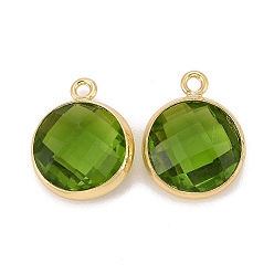 Olive Drab Glass Charms, with Real 18k Gold Plated Brass Findings, Long-Lasting Plated, Lead Free & Nickel Free & Cadmium Free, Faceted Flat Round, Olive Drab, 6x4x1.5mm, Hole: 0.9mm