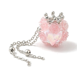 Pink Polymer Clay Rhinestone Beads, with Acrylic & Glass Cabochon & Alloy Chain, Rose with Crown & Fishtail, Pink, 21~22x19x18.5~19mm, Hole: 1.8mm