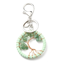 Green Aventurine Natural Green Aventurine Keychains, Flat Round with Tree of Life Charms, 5cm