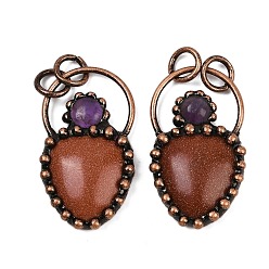 Камень с Пылевым Золотом Подвески из синтетического золота и натурального аметиста, слезинки, с латунной, Красная медь, 40.5~42x23~23.5x6~6.5 мм, отверстие : 6 мм