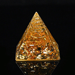 Цитрин Украшение дисплея смолы пирамиды оргонита, с латунной фурнитурой , золотая фольга и крошка натурального цитрина внутри, для домашнего офисного стола, 30 мм