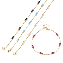 Gemischte Farbe Armbänder aus Messing mit rechteckigen Zirkonia-Gliederketten, mit Box-Ketten, Gestell, langlebig überzogen, echt 18 k vergoldet, Bleifrei und cadmium frei, Gemischte Farbe, 6.69 Zoll (17 cm)