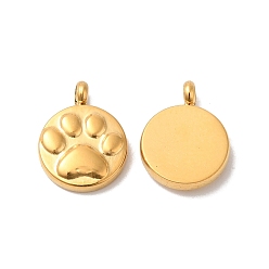 Real 14K Gold Plated Ion Plating(IP) 304 Stainless Steel Charms, Flat Round with Paw Print Charm, Real 14K Gold Plated, 10x8x2.5mm, Hole: 1.4mm