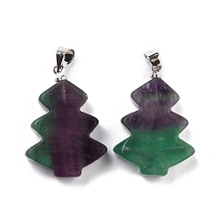 Fluorite Natural Fluorite Pendants, with Platinum Tone Brass Findings, Tree, 26~27x18.5~19x5.5mm, Hole: 5x4mm