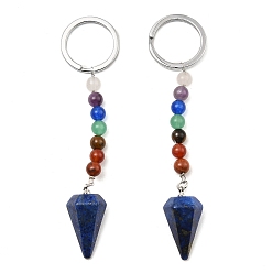 Lapis Lazuli Natural Lapis Lazuli Cone Pendant Keychain, with 7 Chakra Gemstone Beads and Platinum Tone Brass Findings, 108mm