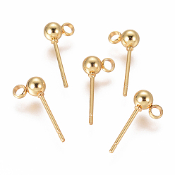Настоящее золото 18K 304 из нержавеющей стали компоненты стержня уха, с петлей, мяч, реальный 18 k позолоченный, 15x4 мм, отверстие : 1.5~2 мм, штифты : 0.8 мм