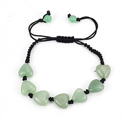 Green Aventurine Natural Green Aventurine Heart Braided Bead Bracelet, Adjustable Bracelet, Inner Diameter: 2-3/8 inch(6cm)