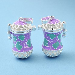 Lilac Brass Enamel Pendants, Prayer Box Charm, Silver, Lilac, 28x19x14mm, Hole: 6.5x4mm