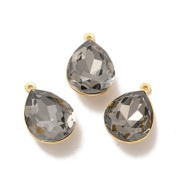 Gray Real 18K Gold Plated Brass with Glass Pendants, Faceted Teardrop Charms, Lead Free & Cadmium Free, Gray, 22x13x9mm, Hole: 1mm