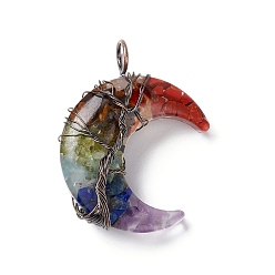 Mixed Stone Chakra Natural Mixed Stone Chips & Transparent Resin Big Pendants, Moon Charms, with Red Copper Tone Brass Wire Wrapped, Cadmium Free & Lead Free, 52~53x36~37x14~16mm, Hole: 8mm