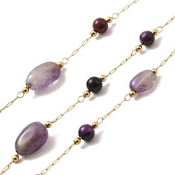 Amethyst Ion Plating(IP) Real 18K Gold Plated 316 Surgical Stainless Steel Link Chains, with Natural Amethyst & Natural Agate Beads, Soldered, with Spool, 12~17x4~6x4~6mm, Bead: 4~8.5x4~6x4~6mm