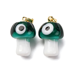 Морско-зеленый Подвески лэмпворк ручной работы, гриб с глазом, с реечной накладкой из латуни с золотистым напылением, долговечный, золотые, цвета морской волны, 19~21x11~13 мм, отверстие : 4.5x3.5 мм