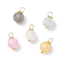 Mixed Color Frosted Dyed Synthetic Crackle Quartz Charms, with Golden Tone Brass Loops and Alloy Daisy Spacer Beads, Round, Mixed Color, 12~13.5x8~8.5mm, Hole: 2.5~3mm