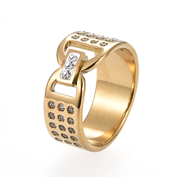 Golden Unisex 304 Stainless Steel Finger Rings, Wide Band Rings, with Crystal Rhinestone, Rectangle, Golden, Size 6~9, 16~19mm