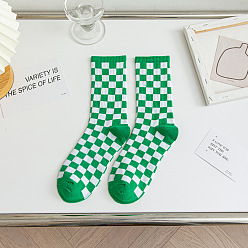 Dark Green Polyester Knitting Socks, Tartan Pattern Crew Socks, Winter Warm Thermal Socks, Dark Green, 350x130x7mm