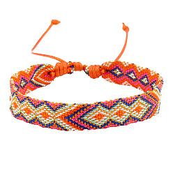 Orange Cotton Braided Rhombus Cord Bracelet, Ethnic Tribal Adjustable Bracelet for Women, Orange, Inner Diameter: 7-1/8~9-7/8 inch(18~25cm)