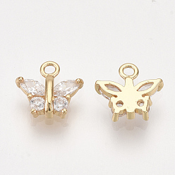Real 18K Gold Plated Brass Cubic Zirconia Charms, Butterfly, Clear, Real 18K Gold Plated, 8x9x2.5mm, Hole: 1mm