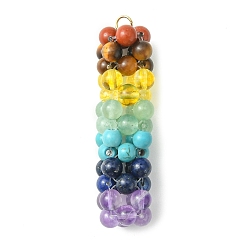 Mixed Stone Chakra Gemstone Rectangle Pendants, Cluster Gems Charms with Fishing Thread Nylon Wire Wrapped, Mixed Dyed and Undyed, 45.5x10.5x10.5mm, Hole: 2.5mm