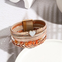 PeachPuff PU Leather Mulit-strand Bracelets with Chips Beaded, with Magnetic Clasp, PeachPuff, 7-5/8 inch(19.5cm)