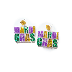 Colorful Glitter Acrylic Word Mardi Gras Dangle Stud Earrings for Carnival Party, Colorful, 48x45mm