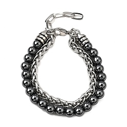Гематит Многорядные браслеты из натуральных круглых бусин гематита, браслеты из нержавеющей стали с кубинскими звеньями для мужчин и женщин, 8-5/8 дюйм (22 см) ~ 9 дюйм (22.8 см)