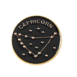 Capricorn Black Constellations Word Enamel Pin, Gold Plated Alloy Flat Round Badge for Backpack Clothes, Capricorn, 20mm