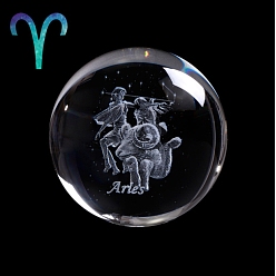 Aries Inner Carving Constellation Glass Crystal Ball Diaplay Decoration, Paperweight, Fengshui Home Decor, Aries, 80mm