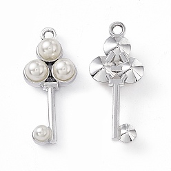 Platinum Alloy Pendants, with ABS Imitation Pearl Beads, Key Charm, Platinum, 28x12x6.5mm, Hole: 1.8mm