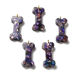 Purple Transparent Resin Pendants, Dog Bone Charms, with Natural Opal and Dyed Imperial Jasper, Golden, Purple, 27x12x6mm, Hole: 2mm