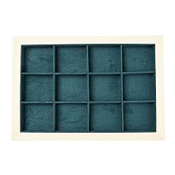 Teal 12 Grids Rectangle Microfiber Cloth Jewelry Display Tray, Jewelry Organizer Holder with White Pine Wood Base,for Bracelets Necklaces Earrings Storage, Teal, 24.3x34.8x2.45cm, Inner Diameter: 6.2x7.4cm