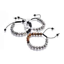 Mixed Stone Natural Mixed Stone Braided Bead Bracelets, with Picasso Stone Beads, Natural Black Agate(Dyed) Beads, Alloy Finding, Buddha Head, 2-1/8 inch~3-1/8 inch(5.3~8cm)