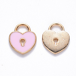 Pink Alloy Enamel Charms, Heart Lock, Light Gold, Pink, 13x11x1.5mm, Hole: 3x4mm