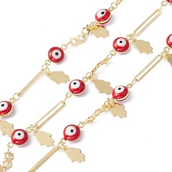 Red Enamel Evil Eye & Ova & Star Link Chains, with Brass Hamsa Hand Charms, Real 18K Gold Plated, Soldered, Long-Lasting Plated, with Spools, Red, 15x2.5x0.8mm, 12x6.5x4.5mm, 11x5x1.2mm