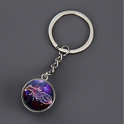 Cancer Luminous Glass Pendant Keychain, with Alloy Key Rings, Glow In The Dark, Round with Constellation, Cancer, 8.1cm