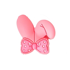 Pink Rabbit Ear with Bowknot Food Grade Eco-Friendly Silicone Focal Beads, Silicone Teething Beads, Pink, 26x26mm