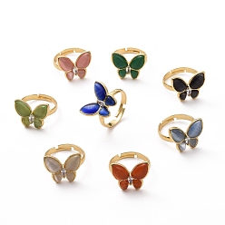 Mixed Color Cat Eye Butterfly Adjustable Ring with Clear Cubic Zirconia, Real 18K Gold Plated Brass Jewelry for Women, Cadmium Free & Lead Free, Mixed Color, Inner Diameter: 18~21mm