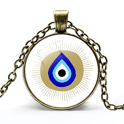 Teardrop Alloy Cable Chain Necklaces, Glass Pendant Necklaces for Sweater, Antique Bronze, Evil Eye, Teardrop, 21-5/8 inch(55cm)